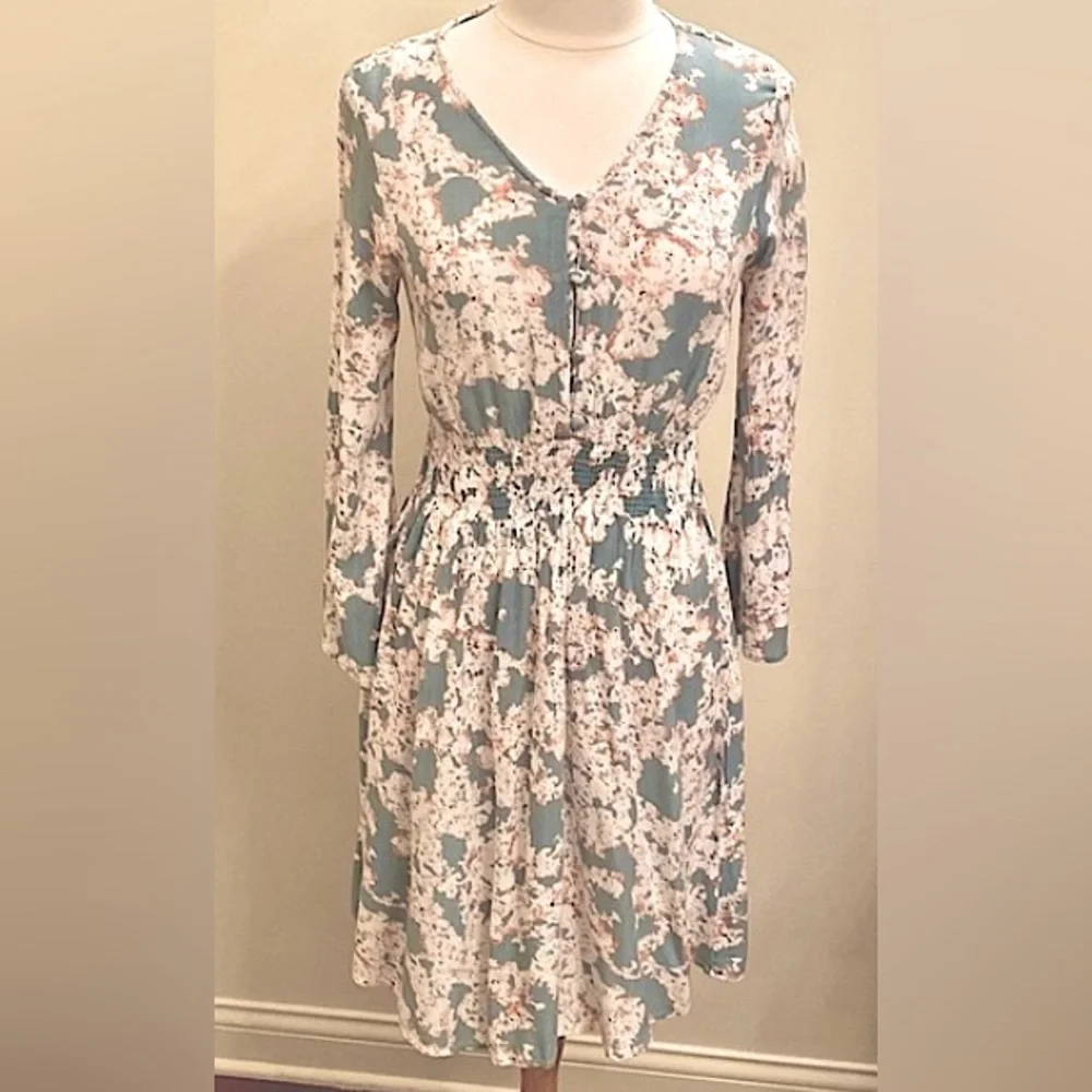 J Glee Floral Grey Teal Cream SZ S Cottagecore Boho Chic Romantic Peasant Dress - Picture 2 of 10
